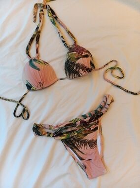 Brazilian bikini set pink tropical print cheeky low rise swimwear rio style size
